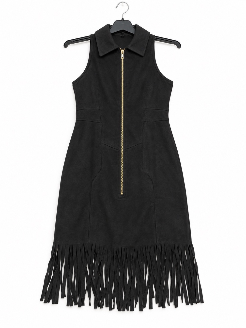 Sleeveless Black Fringe Zip-Front Dress